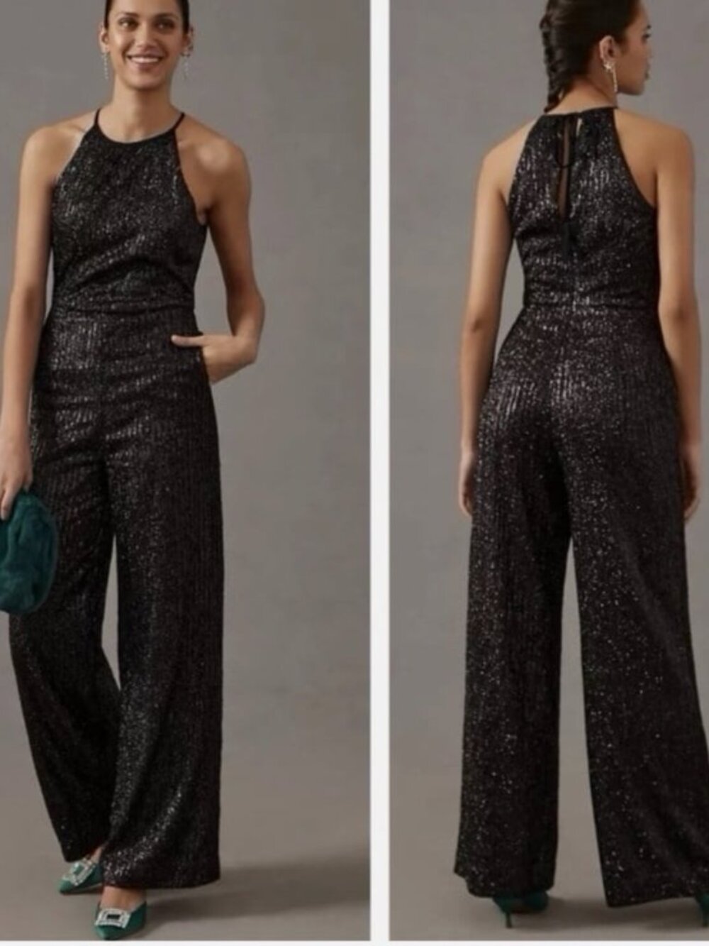 Anthropologie MAEVE Sequin Disco Jumpsuit Black Wide Leg Halter Plus 22W NWT
